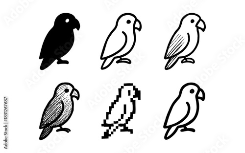 Diverse bird silhouettes and styles featuring parrot in black and white