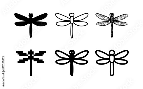 Diverse dragonfly designs in silhouette and outline styles