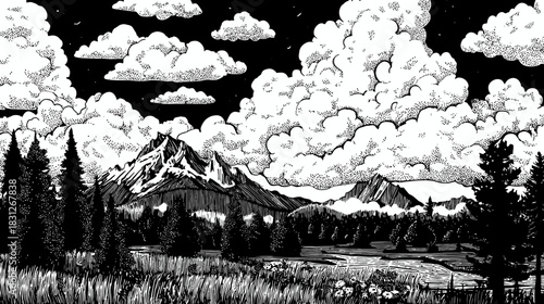 Woodcut style mountain landscape illustration with towering peaks, dense pine forests, a calm lake, and cozy cabins under dramatic clouds.