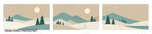 Minimalistic winter landscape illustrations. Mountains vector art in Scandinavian style. Hand drawn original images