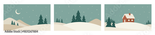 Minimalistic winter night landscape illustrations. Vector art in Scandinavian style. Hand drawn original images