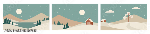 Minimalistic winter night landscape illustrations. Mountains vector art in Scandinavian style. Hand drawn images
