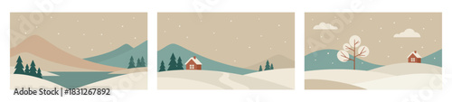 Minimalistic winter mountains landscape illustrations. Vector art in Scandinavian style. Hand drawn images