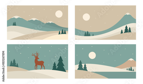 Minimalistic winter landscape set. Vector design in Scandinavian style. Hand drawn illustrations