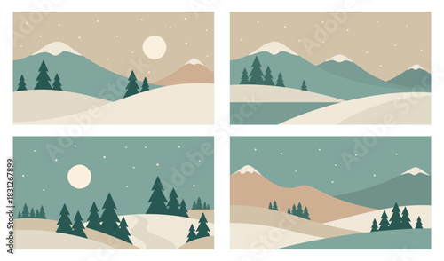 Minimalistic winter landscape set. Mountains in Scandinavian style. Hand drawn original illustrations