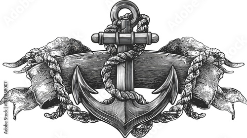 Vintage engraved anchor with rope and scroll banner. Nautical marine symbol of sea travel, stability, and adventure in black and white.