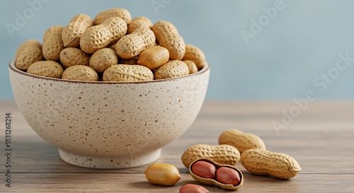 Bowl of unshelled peanuts with scattered nuts on wooden table snack