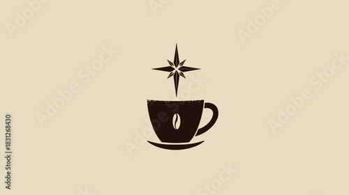 Stylish coffee cup icon with a radiant star and coffee bean, symbolizing premium quality hot beverage, cafe, and morning energy.