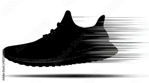 Dynamic black running shoe silhouette with speed lines, symbolizing fast movement, sport, fitness, and athletic performance.