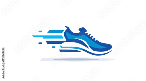 Dynamic blue running shoe icon with speed lines, symbolizing fast movement, athletic performance, and fitness on white.