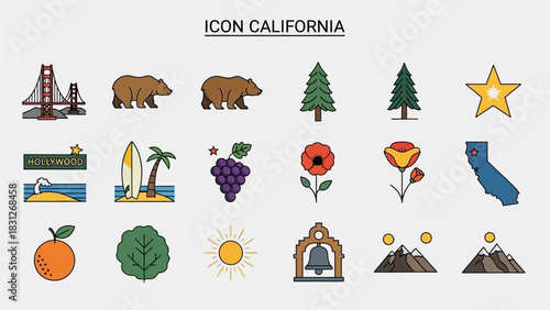 Vibrant vector icon collection featuring California's most iconic landmarks, natural elements, and cultural symbols in a modern flat design style for diverse projects