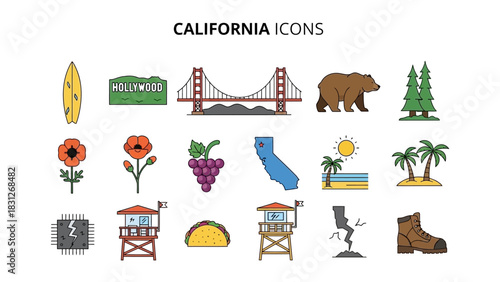 California Icons A Collection of Vector Illustrations Featuring Landmarks, Nature, and Culture