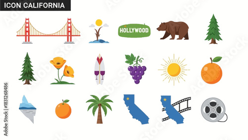California The Golden State USA State Icons and Symbols Illustration