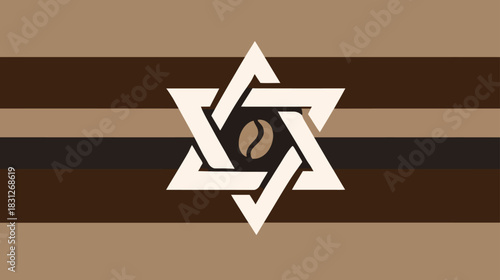 Abstract Star of David and coffee bean symbol on brown striped background. Vector graphic combining culture and beverage.