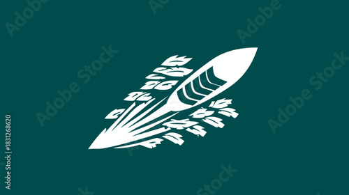 Abstract White Traditional Canoe with Organic Cultural Patterns on Teal Background. Indigenous Tribal Design Vector Illustration.