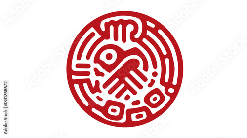 Red circular ancient ethnic symbol, abstract bird or eagle design, tribal cultural graphic art