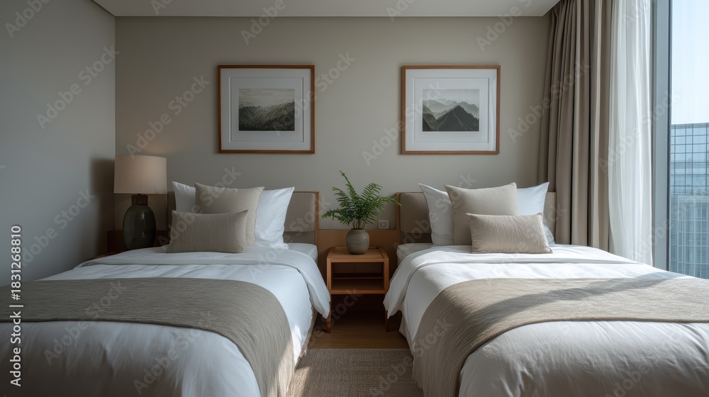 Fototapeta premium Hotel Room: Twin Beds, Interior Design, Modern Decor