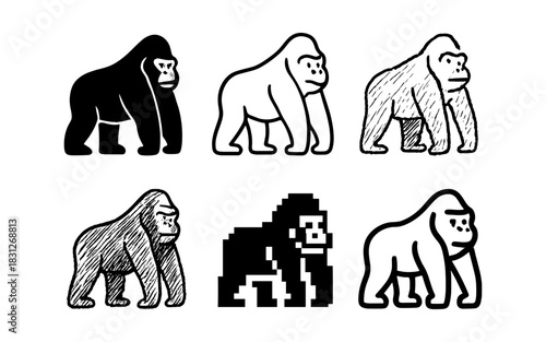 Gorilla in six unique styles: silhouette, line art, sketch, pixel, and more