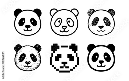 Variety of panda faces in distinct artistic styles for creative projects