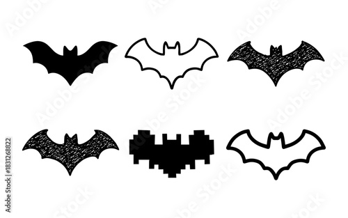 Diverse bat icon set featuring sketch, silhouette, and pixel styles