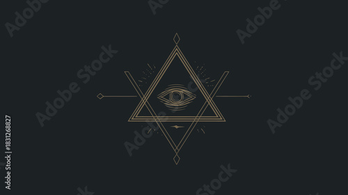 Mystical all-seeing eye symbol in a sacred geometric triangle with esoteric lines on a dark background illustration