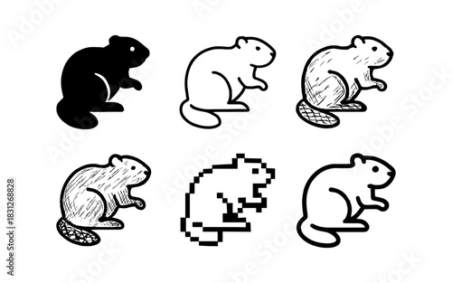Beaver in various artistic styles: silhouette, outline, and pixel art interpretations