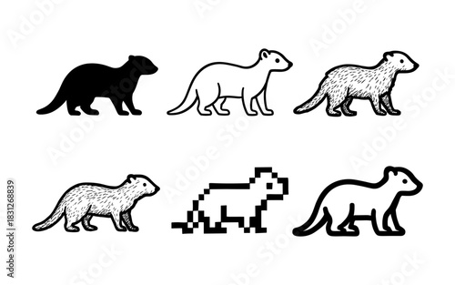 Diverse ferret designs: silhouettes, outlines, pixel art, and hand-drawn styles