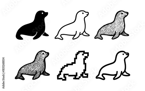 Collection of seal silhouettes and outlines in various artistic styles