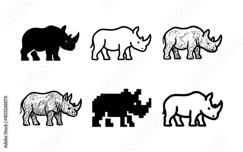 Rhino design variations: silhouette, linear, retro pixel, and sketch styles