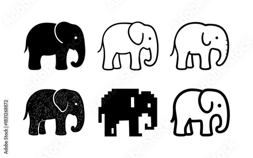 Variety of elephant designs in silhouette, doodle, and pixel styles
