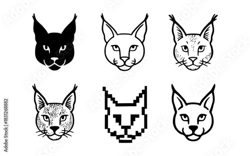Stylized lynx heads collection: silhouette, pixel, and line art designs