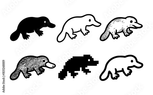Variety of platypus styles: silhouette, linear, pixel, textured, and outline designs
