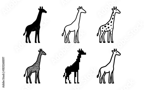 Diverse artistic styles of giraffes in simple silhouettes and sketches
