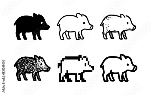Diverse boar icons set in various art styles featuring minimalist and pixel variations