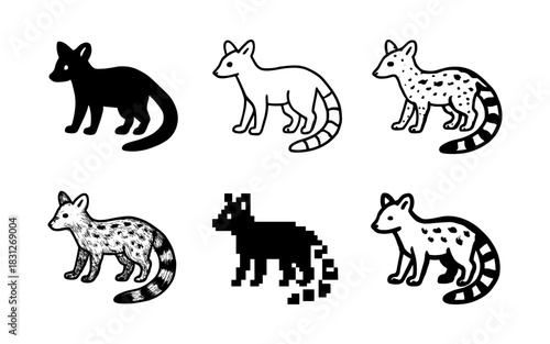 Black and white animal silhouettes and pixel art with patterns