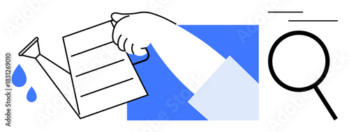 Watering can pouring liquid over a paper, hand holding, magnifying glass emphasizing analysis, and exploration. Ideal for growth, creativity, sustainability, innovation, problem-solving curiosity