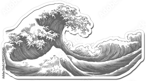 Vintage style grayscale illustration of a powerful ocean wave, detailed water breaking with dynamic movement, traditional art.
