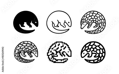 Diverse styles of pangolin silhouettes and patterns in black and white