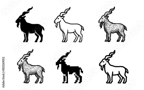 Various goat styles: silhouette, pixel, outline, and detailed illustrations