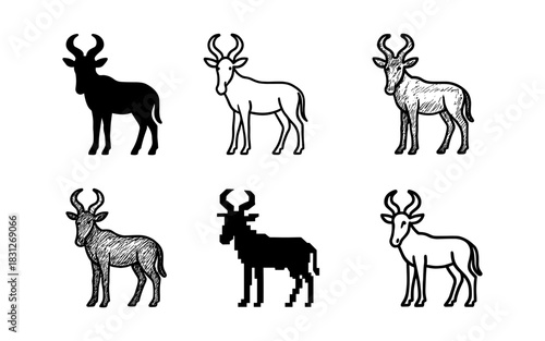 Stylized antelope set: silhouette, linear, sketch, pixel, minimalist designs
