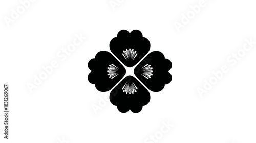 Elegant black and white stylized four-leaf clover flower graphic. Simple symmetrical floral design on a pure white background.
