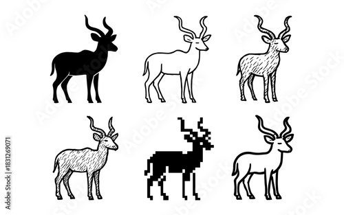 Stylized antelope illustrations in varied artistic styles including silhouette and pixel art