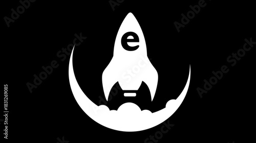 White rocket launching with 'e' symbol, representing digital technology, online business growth, startup, innovation, and progress.