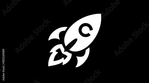Minimalist White Rocket Icon Launching with Flames on Black Background – Modern Startup Business Growth, Innovation, Technology Symbol