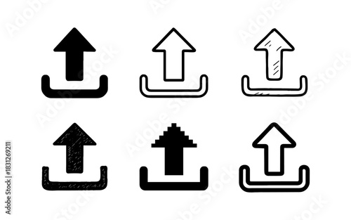 Set of upload icons in various styles: sketch, pixel, outline, glyph