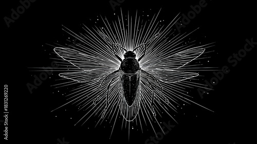 Artistic Illustration of a Flying Insect with Radiant Light and Spreading Wings on a Dark Background