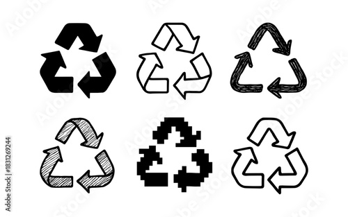 Diverse recycling icons in various styles: pixelated, doodle, sketch, solid, outline