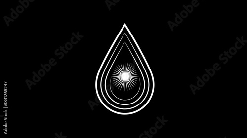 Minimalist abstract white teardrop graphic with concentric lines and radiating light burst on a black background, geometric modern design