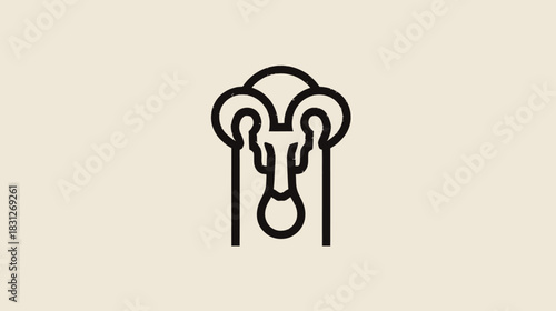 Minimalist line art illustration of a ram's head with large curved horns on a neutral background. Modern animal logo concept.