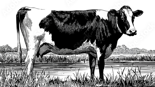 Vintage woodcut illustration of a spotted dairy cow standing in a pastoral field, capturing classic farm animal imagery.